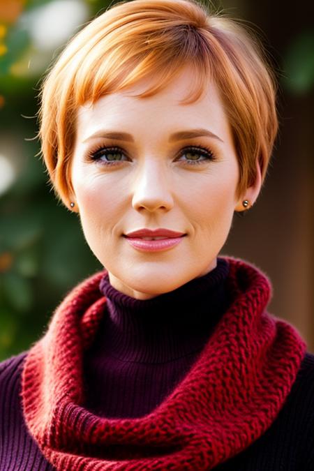 photo of a woman, julieandrews:0.99, ((pale skin)),((red hair, pixie cut, short hair):1.2) ((outdoors, snow):1.1), (smiling), ((closeup, portrait):1.2),((turtleneck sweater, scarf):1.2), ((red lipstick, eyeliner, eye shadow, blush)), ((best quality, masterpiece, extreme details, high resolution):1.2),((detailed eyes, beautiful eyes, detailed face, beautiful face):1.2)