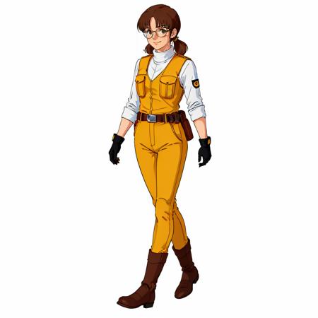 masterpiece,high quality,(white background:1.5),
<lora:millychilder001:0.5>,solo,smile,looking at viewer,
milly_childer,1woman,
short hair,short twintails,low twintails,brown hair,parted bangs,brown eyes,glasses,round eyewear,freckles,
uniform,white shirt,turtleneck,yellow vest,pocket,arms at sides,long sleeves,sleeves rolled up,black gloves,belt,belt buckle,pants,
brown footwear,ankle boots,black footwear,
running,