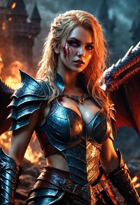 High resolution ultra-realistic of sinister High resolution  epic fantasy castel, beautiful Dragon Rider warrior girl, dark fantasy, red hair, standing in battle next to a scary dragon, bright colors, ultra-realistic body, perfect athletic body, Attractive girl, artgem, WLOP, realistic tight dirty bloody iron armor, beautiful Dragon Rider warrior girl, fire, defiant and seductive, covered in dirt and blood, cinematic colors Lighting, extremely detailed, 8K, wavy blonde hair, realistic very dirty bloody face, realistic blue eyes, beautiful Warrior girl on in cool outfit, hyper-detailed, hyper-realistic, Attractive 21 old years girl, Attractive, perfect athletic figure, handsome vampire pale bloody face, beautiful perfect detailed pupils, wet oily shiny skin, beautiful breasts, Dark Ages, intricate, smooth, sharp focus digital painting, Asymmetrical Balance, hyperdetailed painting, dynamic lighting, very detailed