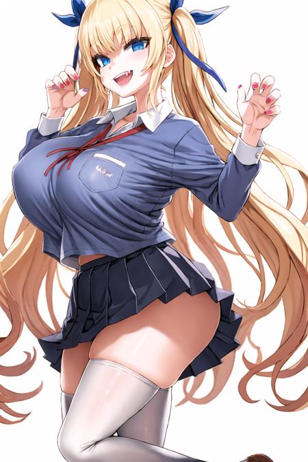 1girl, breasts, long hair, huge breasts, twintails, blue eyes, thighhighs, skirt, blonde hair, ribbon, solo, claw pose, thick thighs, white legwear, rating:safe, simple background, white background, very long hair, thighs, blue ribbon, smile, blue nails, tented shirt, school uniform, open mouth, hair ribbon, looking at viewer, skindentation, fang <lora:HugeASS:1> <lora:style_asanagi-03:1>