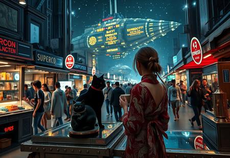 Setting is a futuristic cyberpunk street market at night, the market is comprised of street vendors selling robot parts, food, weapons, and robot pets. People wearing futuristic cyberpunk clothing are walking through the street market shopping and eating, A sleek black cat with red collar sits on a cluttered metal riveted counter with transparent top and micro-LED lighted computer components visible inside, On the counter is an ebony and gold maneki neko statue and a classic ornate art deco espresso machine of copper and brass, (((a beautiful woman, 24 years old, is standing in the foreground facing the cat with a steaming cup of espresso in her hand))), the sleek black cat with red collar is sitting on the desk and watching the people walking by in the busy street market, the woman is dressed in futuristic cyberpunk Japanese style kimono-style clothing that are sexy and Japanese classic aesthetic. An enormous art deco inspired starship with futuristic lighting and an enormous space station are visible in the background among the stars, The woman's hair is elegantly tied up with a ribbon. Artistic cyberpunk, dynamic perspective, (((overall architectural aesthetic is Art Deco Cyberpunk))).  Epic image that elicits a feeling of wonder and awe, part of the interior is visible,