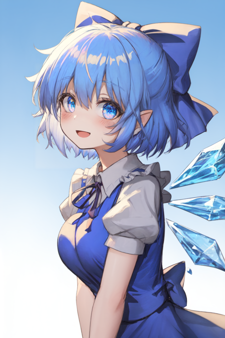 1girl, cirno, solo, smile, blue hair, bow, open mouth, blue dress, wings, ice wings, short hair, dress, looking at viewer, ice, short sleeves, hair bow, blue bow, neck ribbon, ribbon, bangs, upper body, blush, :d, breasts, puffy sleeves, blue eyes, gradient, gradient background, blue background, puffy short sleeves, shirt, <lora:Akutox-000005:1.0>