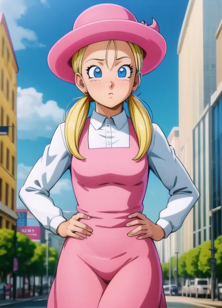 masterpiece, best quality, highest quality, photorealistic, perfect anatomy, perfect face, perfect eyes,
<lora:marondbgt_ex_01:0.7>, marondbgt, 1girl, pink dress, blonde, pink headwear,  blue eyes, solo, twintails, white shirt, collared shirt, low twintails, sexy pose, city