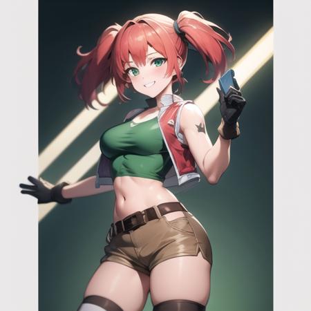 (masterpiece, best quality:1.2),illustration,medium breasts,8k,hd,1girl,solo,cowboy shot,twintails,shorts,midriff,navel,crop top,smile,belt,short shorts,tank top,green eyes,pink hair,vest,gloves,green shirt,knee pads,pouch,boots,brown footwear,socks,open clothes,<lora:Nadia Cassel>,