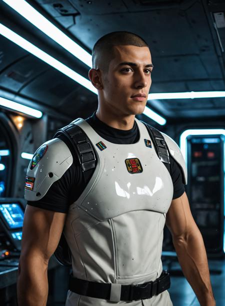 handsome,male,Lebanese,Mexican,buzz cut,27 years old,changing clothes,indoors,desolate spaceship,science fiction,realistic photograph,cinematic_lighting,night,
