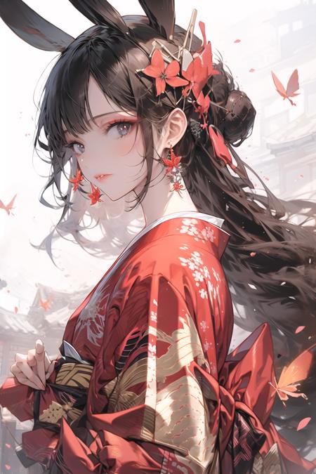 sinsya, 1girl, solo, long hair, hair ornament, japanese clothes, black hair, upper body, kimono, jewelry, earrings, red lips, butterfly, bug, red kimono <lora:sinsya-pynoiseloha:1>