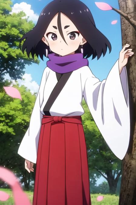 masterpiece, best quality, <lora:kunoichi_fuki:0.7> 1girl, solo, black eyes, black hair,  hair between eyes, short eyebrows, earrings, red skirt,  white kimono, purple scarf, sash, long sleeves, wide sleeves, outdoors, tree, falling petals,