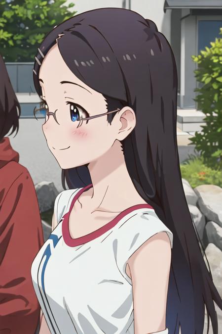 best quality, masterpiece, highres, solo, {saito_kaede_encouragementofclimb:1.15}, black_hair, glasses, blush, long_hair, hairclip, hair_ornament, blue_eyes, smile, 1girl, closed_eyes, closed_mouth, collarbone, outdoors, day