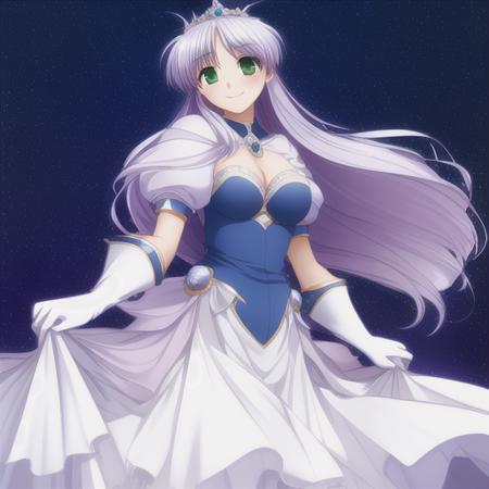 <lora:Feena-000006:1>, Masterpiece, Best Quality, Feena, light purple Hair, (blue) dress, white gloves, long hair, green eyes, puffy short sleeves, tiara, smiling, walking on the street, solo, starry background, crescent moon, cleavage