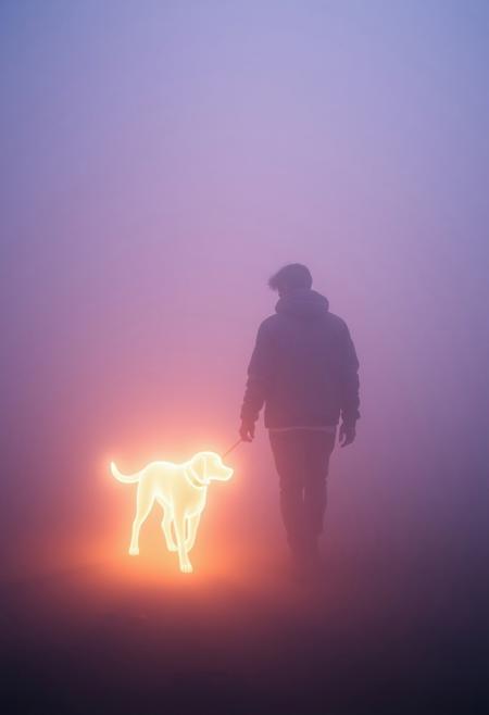 A glowing silhouette of a dog made of light walking beside a human in a foggy dreamscape, surreal emotional atmosphere, glowing fog, symbolic visual style, mystical and ethereal lighting