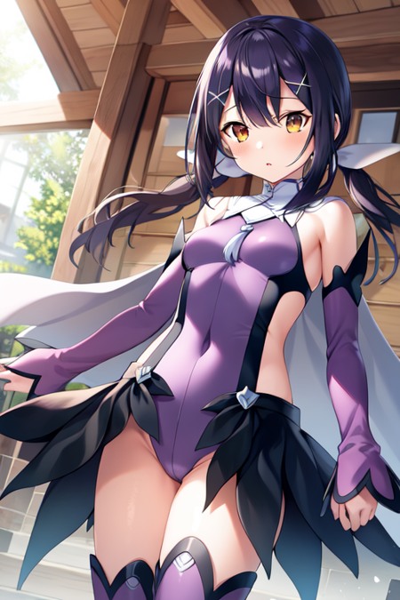 miyuFKPE, 1girl, solo, hair ornament,low twintails, detached sleeves, hairclip, cape, sleeves past wrists, x hair ornament, purple thighhighs, purple leotard, purple sleeves,