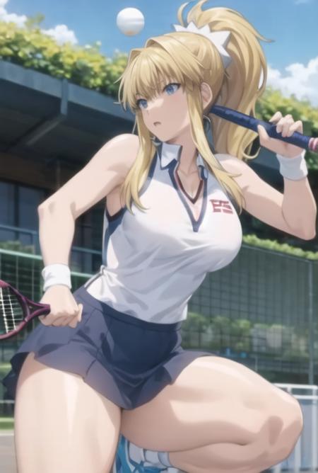 gakuenshimai, large breasts, thick thighs,   shiny skin,  <lora:GakuenShimai:0.85>, ponytail, blonde hair, blue eyes, tennis , tennis uniform, tennis racket,