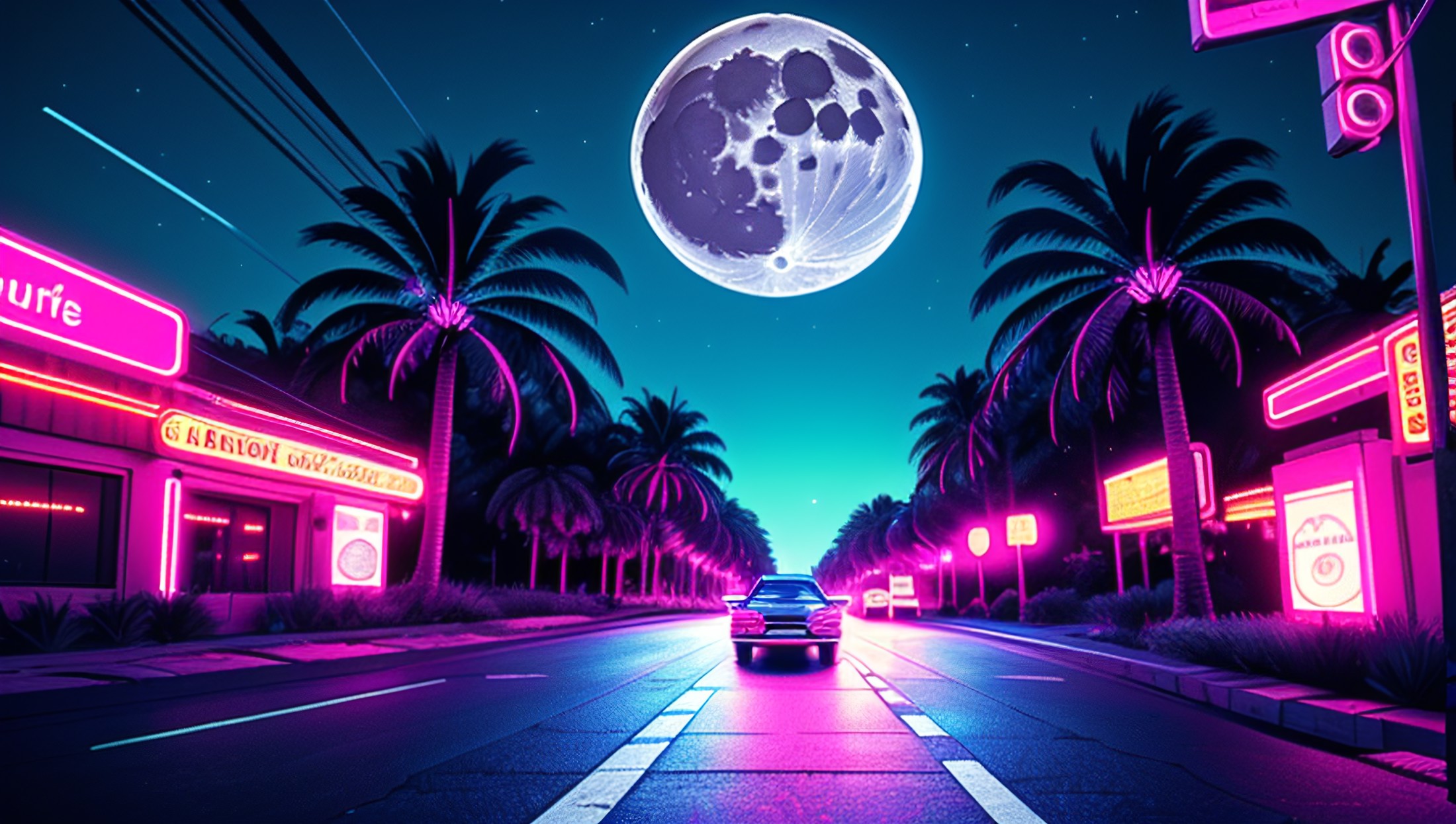 (retrowave), (road), (car), (enormous moon), (palm trees on the side of the road), (pink and blue color scheme), (purple n...