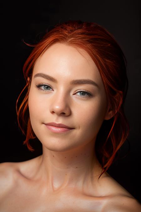 portrait of bellabaron, smirk, epic (photo, studio lighting, hard light, sony a7, 50 mm, matte skin, pores, colors, hyperdetailed, hyperrealistic), red hair,  <lora:bellabaron2:0.8> <lora:beautifulDetailedEyes_v10:0.5>