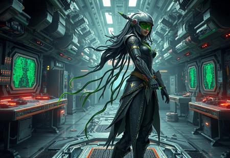 Binary Sorceress, cinematic, cyber metal stand, brain research lab, gray & green, red/yellow emblem, visor helmet, black boots, dynamic pose, right-facing, detailed face, intricate clothes, octane render, unreal engine 5, Artstation trending, vivid emotions, joyful, powerful message, beautiful detailed eyes, CGSociety, Golden Ratio, ultra detailed isometric landscape by nekroxiii, ominous elaborate abstract surrealism, symmetrical, ruins, airbrush, intricately detailed.