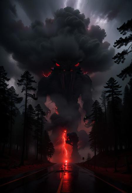 darkgray monster in the sky silhouette ,"stranger things"  dark scenery, black reddish   masterpiece,  dense  dark mist redwoods forest. red lightning,
 tense, dramatic, Atmospheric,  moody, dirty heavy clouds and brightened sky