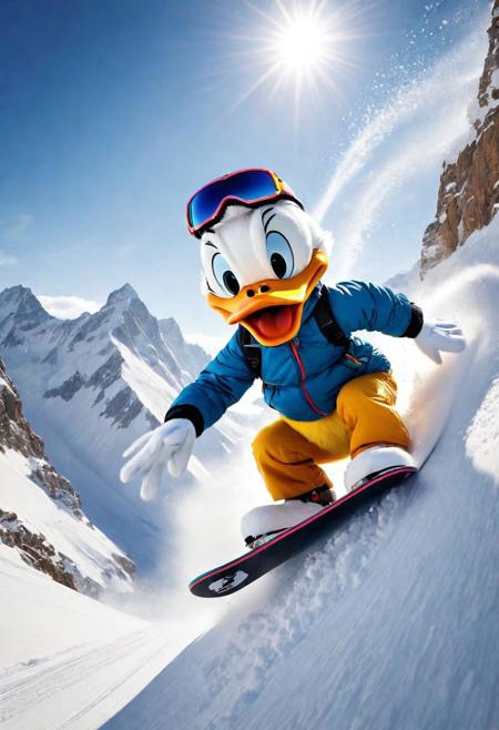 (masterpiece, best quality), snowboarder with Donald Duck head, dynamic pose, dynamic composition, steep turn