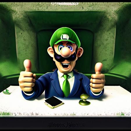 RAW photo, 8k uhd, dslr, soft lighting, high quality, film grain, Fujifilm XT3, Masterpiece, photorealistic, Luigi, smiling, grill teeth, gangstersb, at a desk, abandoned hospital, money, holding, holding money, thumbs up, green cap with a large “L”, suit, jewelry, necktie,