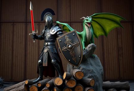 A regal steampunk knight in black armor, wielding a red sword and shield, stands on a pile of logs. A plumed helmet adorns his head. Behind him, a green dragon perches on a rock, wings spread, poised for flight. The backdrop is a rusted industrial metal wall. Cinematic lighting, 4K, ultra detailed, Octane Render, Unreal Engine 5, Matte Painting, trending on Artstation, Golden Ratio.