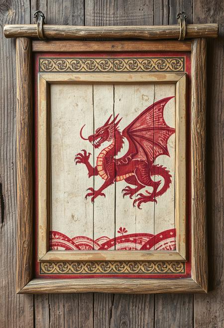 background is a red ancient dragon on the wooden tapestry tale with frames in a old sketchy shabby chic style