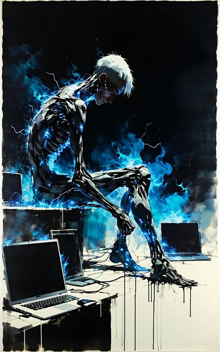 sketch of a man, his legs are made of wires, computers everywhere, his body is electric, electricity, smoke, Jeremy Mann, Cedric Peyravernet, Denis Villeneuve
Style Giovanni Boldini, Edward Moran, Carl Eugene Keel, Carl Lundgren, Art by Jim Mahfood, Henry Asensio, Greg Rutkowski, Craig Davison, Jenny Saville, Bernie Wrightson, Frank Frazetta