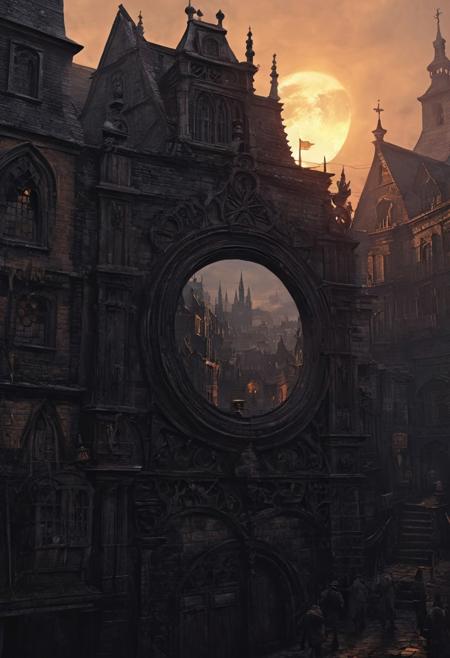 the city of Yharnam, the city of Yharnam is inside the small mirror, The small mirror is centered, bloodborne, The mirror is small, The mirror borders are plain, twilight, Don't be real, oil painting, done with japanese brush technique, realistic, extreme detail, scary, terrifying, dark and warm environment, 8k, looking at viewer, looming, Comic style
<lora:add-detail-xl:1> <lora:xl_more_art-full_v1:0.5>  <lora:looking_at_viewer:2>