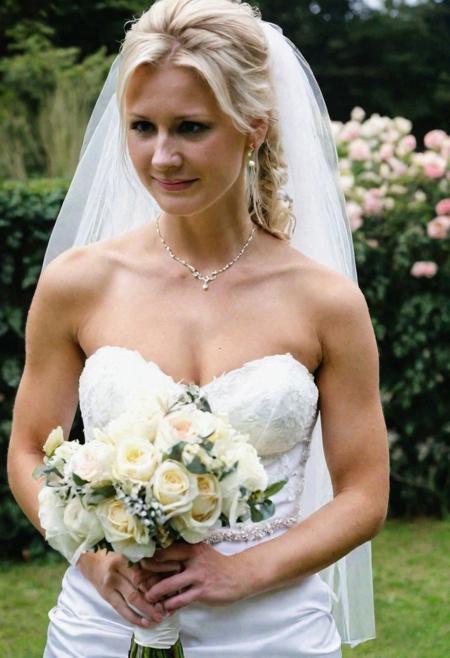 beautiful blond bride, flowers, wedding dress, outdoor wedding photography, downblouse, nipple slip