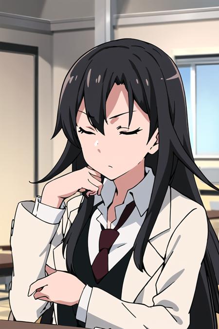 hiratsuka shizuka, 1girl, solo, thinking, labcoat, long hair, closed eyes, black hair, (hand on own chin:1.2), large breasts, bangs, shirt, white shirt, collared shirt, vest, black vest, red necktie, elbows on table, desk, upper body, classroom, frown, 3:, hand up, <lora:shizuka_hiratsuka:1>