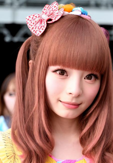 1girl, pamyurin, stage, audience, crowd, facing viewer, looking at viewer, eye contact, outdoors, festival, smile, split-color hair, petite, flat_chest, blush, long_eyelashes, fake_eyelashes, masterpiece, absurdres, highres, realism, close-up, hair accessories, harajuku fashion, teen girl, full_body