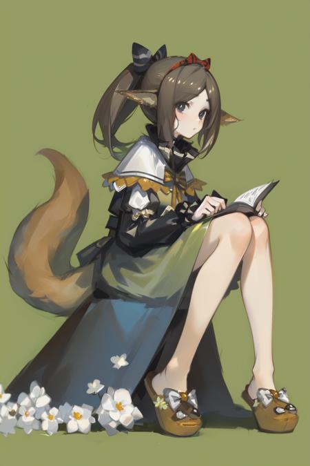 ((masterpiece, best quality)),ultra detailed,8k wallpaper,<lora:perfumerOAC2-v1.0:0.6:cara>,perfumer,ponytail,hairband,white capelet,olive dress,black collar,frilled sleeves,fox tail,bare legs,slippers,full body,sitting,open book,couch,flower,simple background