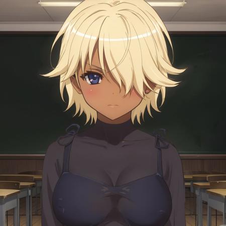 hedyeh_lvsb, blonde hair, short hair, large breasts, upper body, classroom, facing viewer, hair over eyes, dark skin, <lora:hedyeh_lvsb_v1:0.8>, masterpiece, best quality