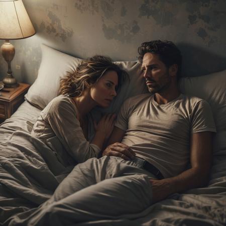 Photorealistic style, Shot from above of a couple lying on a bed, back to each other, with a sad and distant expression, in a dimly lit room. Desaturated colors. realisticvision-negative-embedding