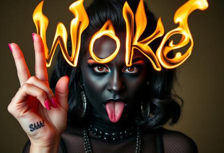 A very young drag queen girl with black makeup and pink nails, looking like she just failed something, shaking her head, drawing the letters "Woke" using flames, in the air, with a finger, on that finger have a tattoo "Shhhh!" photo by helmut newton