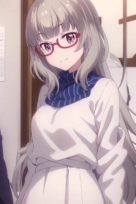 shizukuhazuki, <lora:shizuku hazuki s2-lora-nochekaiser:1>, 
shizuku hazuki, long hair, bangs, (brown eyes:1.5), grey hair, glasses, semi-rimless eyewear, red-framed eyewear, under-rim eyewear, smile,
BREAK skirt, shirt, long sleeves, white shirt, black skirt, fringe trim,
BREAK indoors, office,
BREAK looking at viewer, (cowboy shot:1.5),
BREAK <lyco:GoodHands-beta2:1>, (masterpiece:1.2), best quality, high resolution, unity 8k wallpaper, (illustration:0.8), (beautiful detailed eyes:1.6), extremely detailed face, perfect lighting, extremely detailed CG, (perfect hands, perfect anatomy),