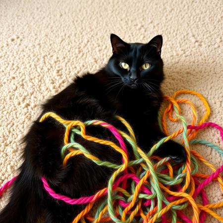solid black american shorthair cat laying on beige carpet tangled in bright multicolor yarn