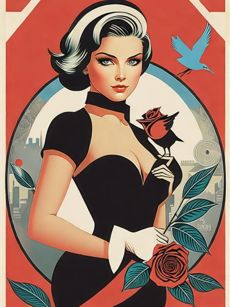 <lora:ShepardFairey:1>a propaganda poster of a woman with a rose in her hand and a bird on her shoulder by Shepard Fairey