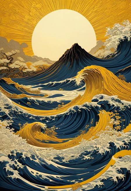 very beautiful insanely detailed image of tsunami in golden spring". Wave of kanagawa, beautiful golden mountains, bright dark yellow ornate sun, by Victo_Ngai, Oleksandra Ekster, Malevich, Vladyslav Yerko and Alexander Jansson, Vladyslav Yerko! Very Complex perfect elegant composition! linen gesso acrylic paper, epic Dramatic lighting! Razor-sharp quality insanely detailed, deep colors realistic masterpiece<lora:xl_more_art-full_v1:0.5>