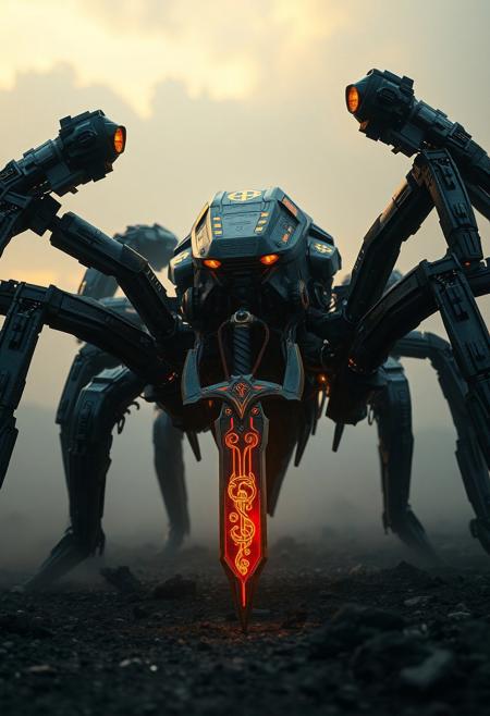 The hyper detail, sci-fi, robotic spider armed Arachnida war machine, the colossal war machine, StarCraft prostoss Colossus inspired machine. the 6 joined-led, the armor body, guns, turrets. Moving on the chaos field background at dawn. His head is marked with runes, body sword hangs on hand, glowing faintly with enchanted, golden runes. detail background, straight on angle shot, Full body shot, closed-up, ultra-realistic 32k resolution, official art styled digital painting, intricate armor engravings catching realistic lighting, film grain texture overlay, reversal film effect, high quality, detailed realistic background with scattered futuristic debris, shadowed craters, misty atmosphere, cinematic.