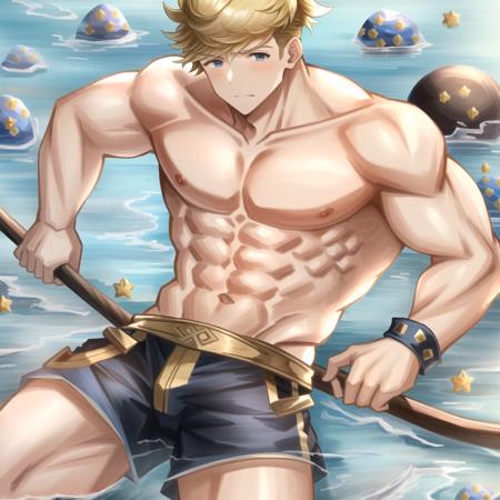 highres, absurdres, high quality, masterpiece, large pectorals, large shoulders, large biceps, vane \(granblue fantasy\), blonde hair, pectoral cleavage, blue eyes, swim trunks, topless male,