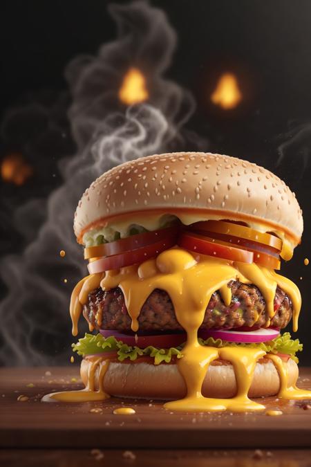 hamburger with melted cheese splashing on top of it,  highly stylized, 4k, unreal engine 5 render, food art, food photography, realistic render, smoke, mist, dramatic lighting, cinematic lighting, rule of thirds, depth of field, cinematic bloom, art by fodm4st3r  <lyco:fodm4st3r:0.6>