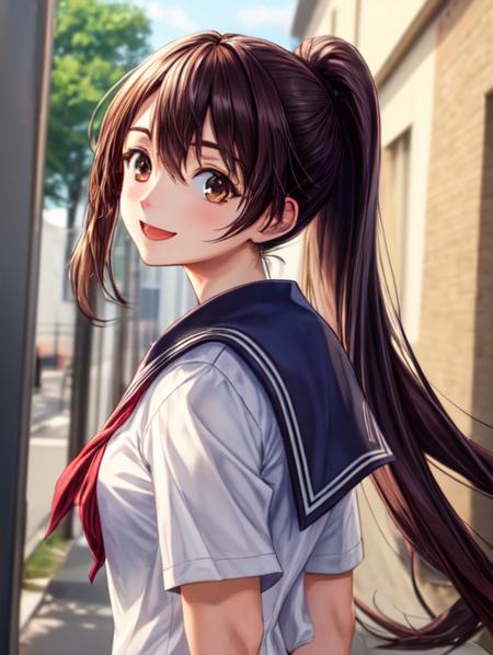 best quality, masterpiece, highres, detailed, perfect anatomy,  <lora:Detail - add_detail:0.2>, brown eyes, long hair, ponytail, student uniform, happy,  <lora:Character - Tokine:0.8>