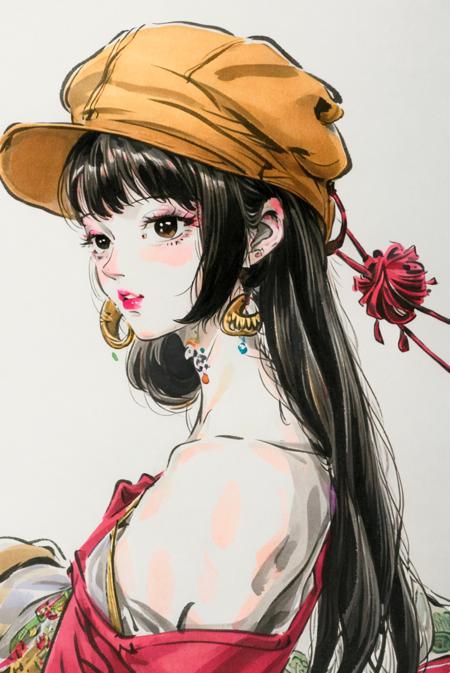 <lora:chichi_v1-000008:0.9>, (simple background, white background), 
1girl, bangs, bare shoulders, black eyes, black hair, blunt bangs, collarbone, hair ornament, hair stick, hair tubes, hat, hime cut, japanese clothes, lips, long hair, looking to the side, makeup, pom pom \(clothes\), solo, tokin hat, upper body,(masterpiece:1.4),(best quality:1.4)