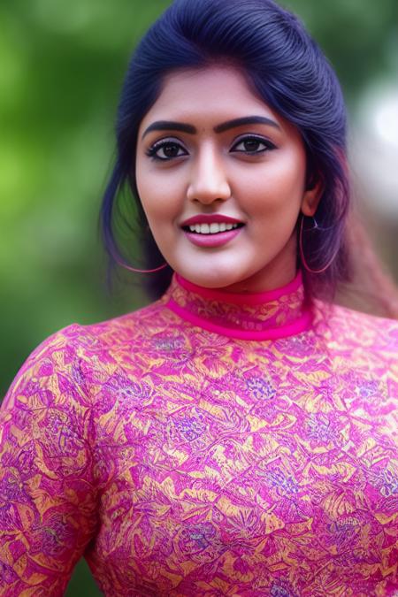 EeshaRebba,<lora:EeshaRebbaSD1.5:1>,hires close up photo of woman outdoors, looking looking at camera, smiling, colorful high neck curly black hair, ultra-detailed, photorealistic, intricate details, perfect face, full sharp, detailed face