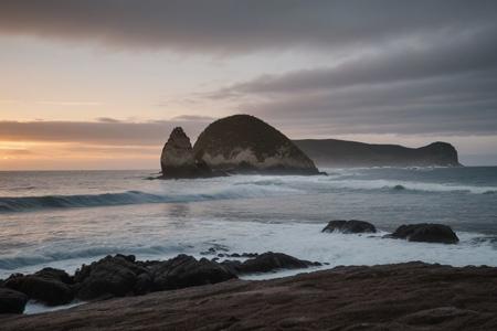raw photo, a sunset landscape, Valdivian temperate forests coast, Chilean coast,  cozy, photorealistic, high detailed texture, 8k uhd, dslr, soft lighting, high quality, film grain, Fujifilm XT3, Sony A7 IV, highly detailed photography, (muted colors, cinematic, dim colors, soothing tones:1.2), vibrant, insanely detailed, hyperdetailed, (dark shot:1.2), (vsco:0.3), (intricate details:0.9), (hdr, hyperdetailed:1.2) (highest coherency: 1.39) (highest quality: 1.39) (rule of Thirds) (award winning) (breathtaking) (masterclass) (Playa Punta de Lobos)