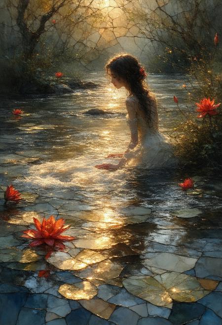 A poignant and dreamlike scene, depicting a young woman beside a creek, surrounded by foam, crimson lilies, and bathed in the warm hues of a sunset, rendered as a fractured stained-glass Cubist reverie. The composition bursts with evocative colors â fiery orange, deep crimson, tranquil indigo â sharply contrasted by stark black outlines and a pervasive, ethereal glow. Multiple perspectives converge, revealing the girl's contemplative gaze and the serene beauty of the landscape from various angles, creating a dynamic interplay of introspection and tranquility. Subtle photorealistic details â the texture of her hair, the ripples in the water, the delicate petals of the lilies â are intricately interwoven with the geometric fragmentation, lending a paradoxical depth and realism. A soft, golden glow emanates from within the stained-glass elements, intensifying the sense of wistful beauty and fleeting moments. Ultra detailed, 8k resolution, volumetric lighting, octane render, a visually arresting and emotionally resonant composition, capturing the essence of quiet reflection and the splendor of nature.