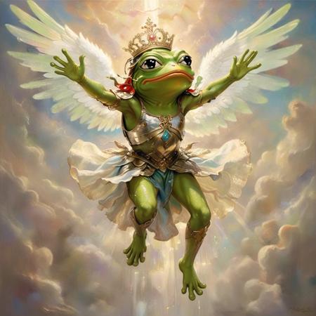 A majestic, fully armored celestial frog figure, pepe_frog the Archangel, rendered in an oil painting style. Hovering above a gathering of devoted followers,pepe_frog  spreads wide, divine wings, emanating a radiant, ethereal glow. The armor is intricately designed, blending celestial motifs with amphibian features, capturing both strength and sacredness. The light cascading from pepe_frog  bathes the awestruck crowd below in a warm, heavenly aura, highlighting their expressions of reverence and awe. The background is a harmonious blend of celestial and earthly realms, with soft, ethereal clouds meeting the earthly plane. <lora:godoil:0.65>,  <lora:pepe_frog SDXL:0.75>