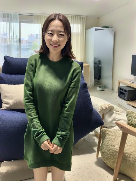 PBYoung, wearing a green sweater, standing in a living room, smiling, detailed face, (8k, RAW photo, best quality, masterpiece:1.2), (realistic, photo-realistic:1.37), professional lighting, photon mapping, radiosity, physically-based rendering, 1girl  <lora:PBYoungtest:1>