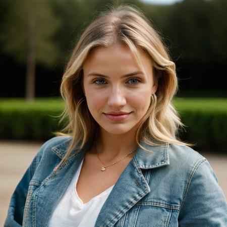 Realistic photo of a beautiful c4m3r0nd-v2 woman, 1girl, solo, long hair, looking at viewer, smile, blue eyes, blonde hair, jacket, upper body, lips, traditional media, denim, realistic, denim jacket, soft lighting, professional Photography, Photorealistic, detailed, RAW, analog, sharp focus, 8k, HD, DSLR, high quality, Fujifilm XT3, film grain, award winning, masterpiece<lora:c4m3r0nd-v2:1.0>