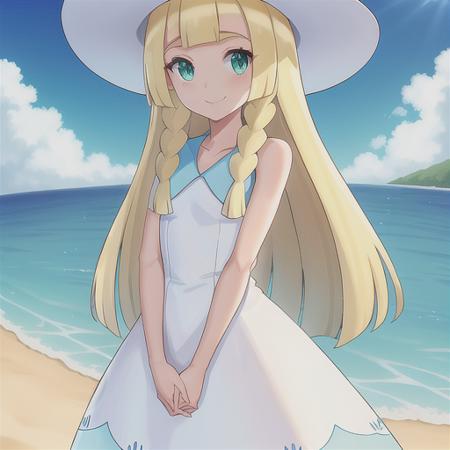 <lora:character_pokemon_lillie_v2:0.5> beach, 1girl, character_pokemon_lillie, solo, standing, cowboy shot, looking at viewer, smile, v arms, own hands together, twin braids, hat, dress