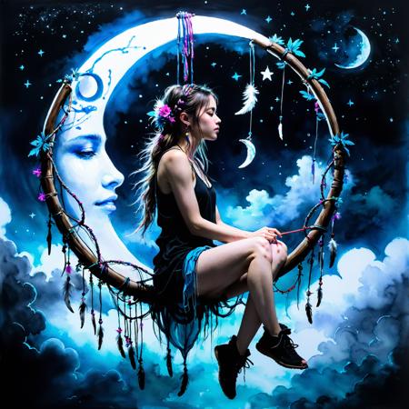 score_9,score_8_up,score_7_up,score_6_up,score_5_up,score_4_up, ink painting, acrylic,, crescent moon dreamcatcher, a beautiful woman sitting in it, night, stars above, clouds below, watercolour-ink painting centered, key visual, intricate, highly detailed, dark studio, rim lighting, two tone lighting, dimly lit, low key breathtaking beauty, precise lineart, vibrant, comprehensive cinematic, Carne Griffiths, Conrad Roset, sfw:1.3, <lora:add-detail-xl:1>,  <lora:xl_more_art-full_v1:0.5>
